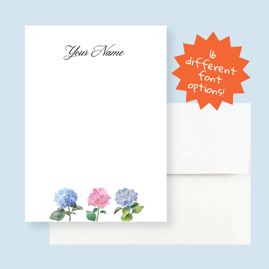 Custom Hydrangea Writing Stationery Set of 12 -Personalized Stationery with Envelopes
