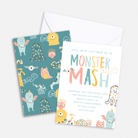 Monster Mash Kids Birthday Party Invitation - Custom OR Fill-in-the-Blank - Set of 25