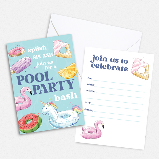 Summer Pool Party Invitation - Custom OR Fill-in-the-Blank - Set of 24