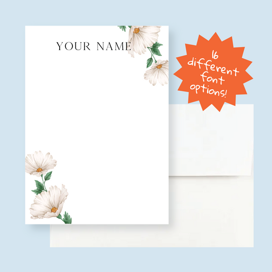Custom Writing Stationery Set of 12 - White Florals
