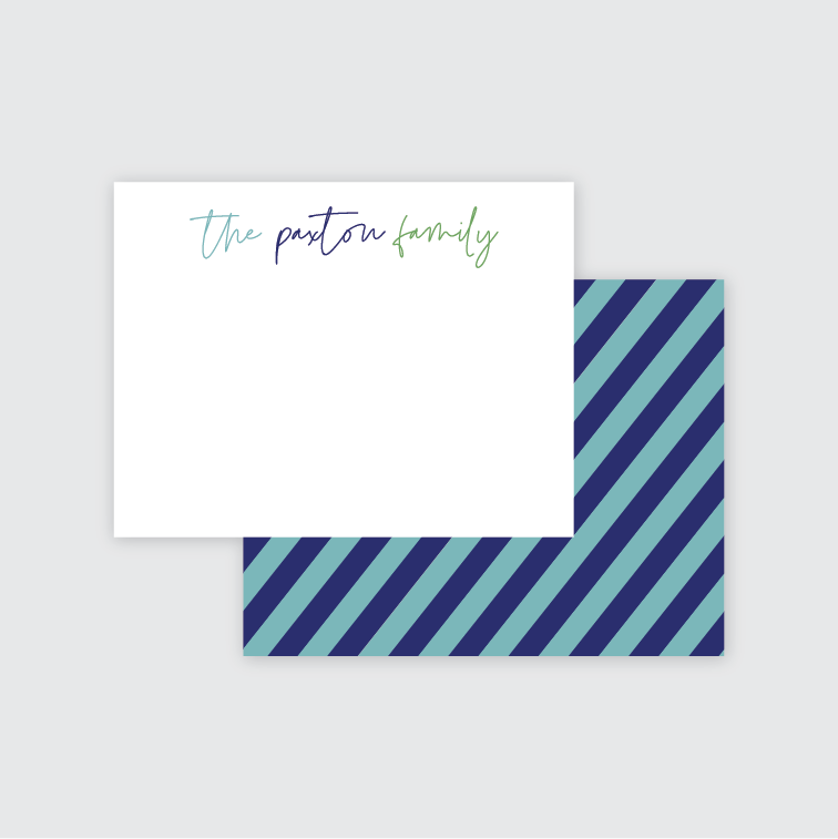 Family Blue Stripe Script Personalized Stationery Set of 12