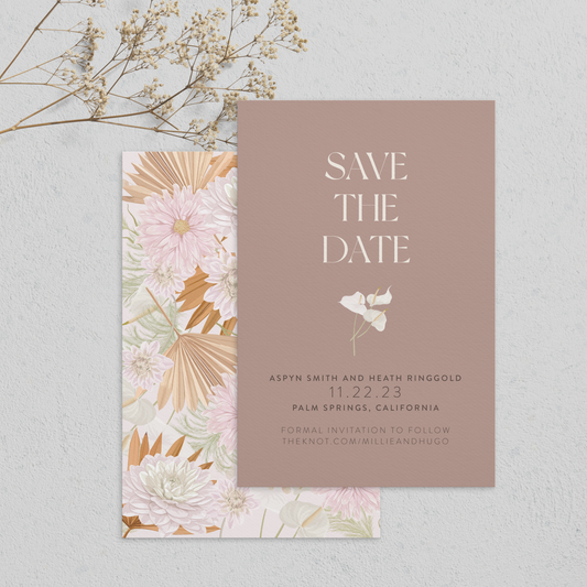 Dried Palms and Pink Floral Wedding Save the Date