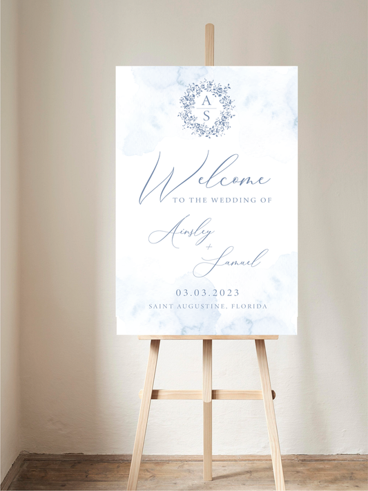 Dusty Blue Monogram Floral Welcome Sign