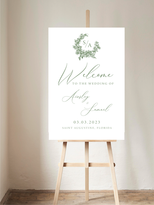 Green Monogram Floral Welcome Sign