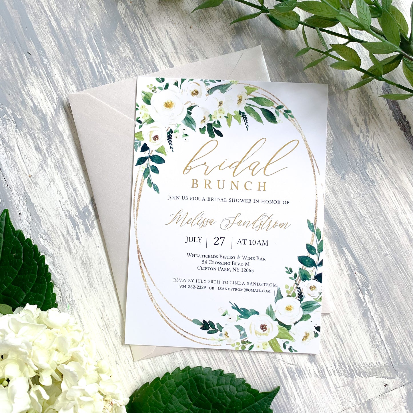 Greenery & Gold White Floral Bridal Shower Invitation