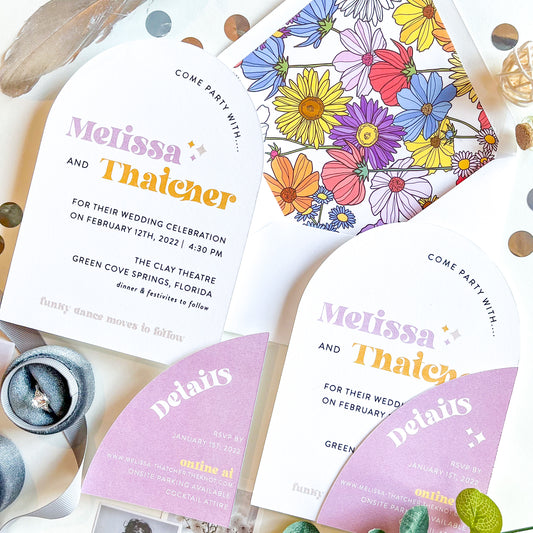 Funky Floral 70's Inspired Wedding Invitation Suite