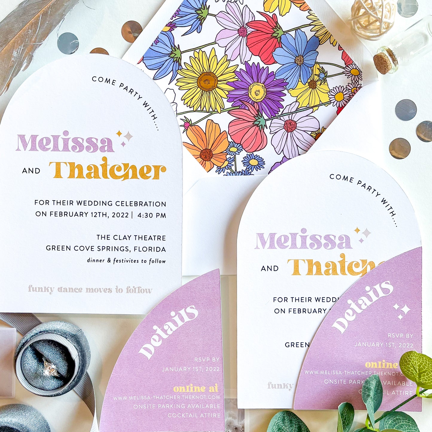 Funky Floral 70's Inspired Wedding Invitation Suite