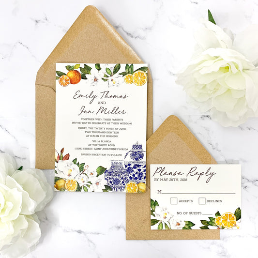 Chinoiserie, Citrus + Greenery Wedding Invitation Suite