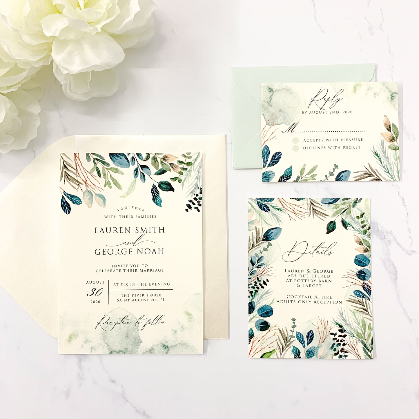 Greenery Watercolor Wedding Invitation Suite