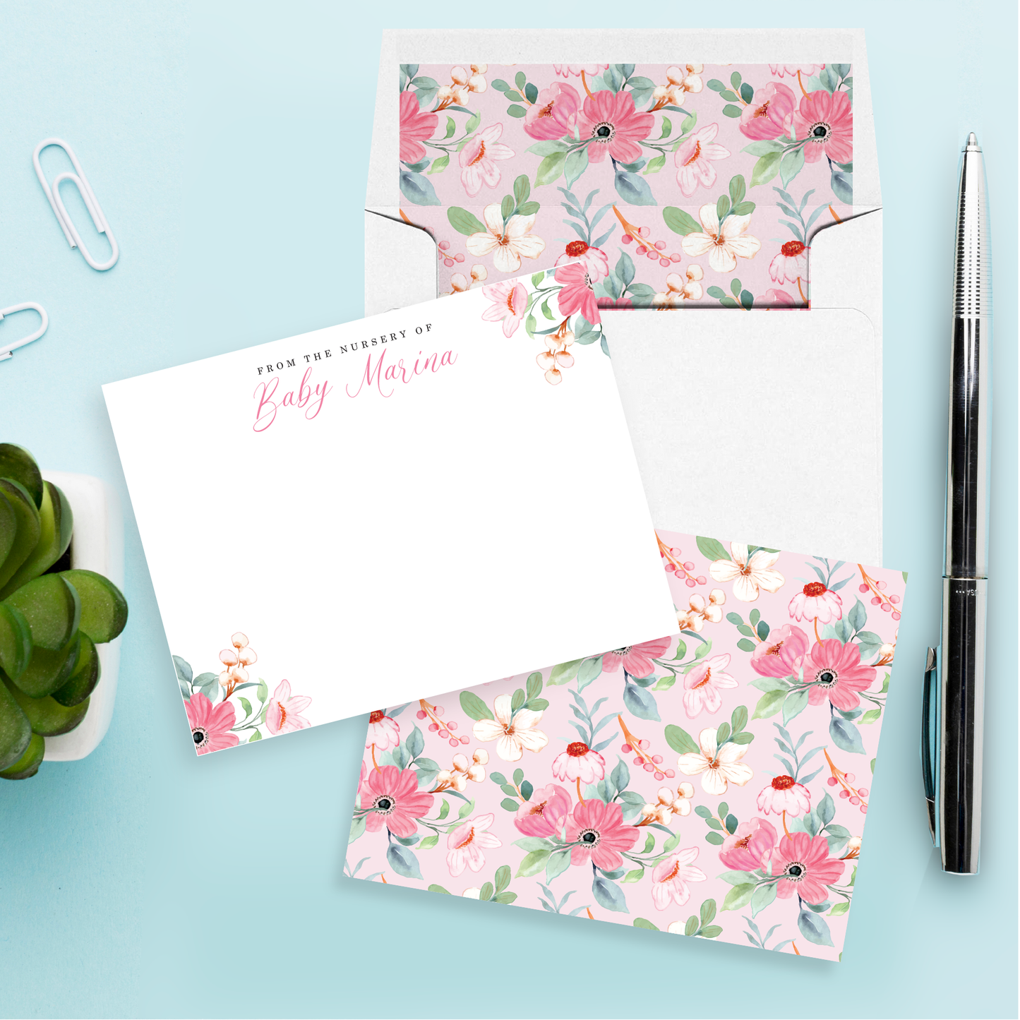 Pink Floral Nursery Personalized Stationery Set of 12