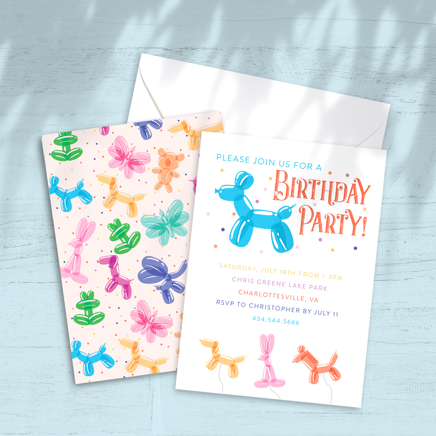 Balloon Animals Birthday Party Invitation -  Custom OR Fill-in-the-Blank - Set of 12