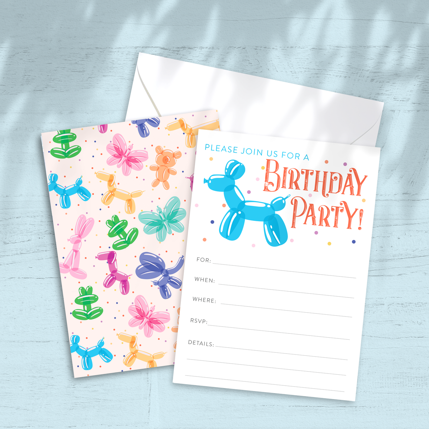 Balloon Animals Birthday Party Invitation -  Custom OR Fill-in-the-Blank - Set of 12