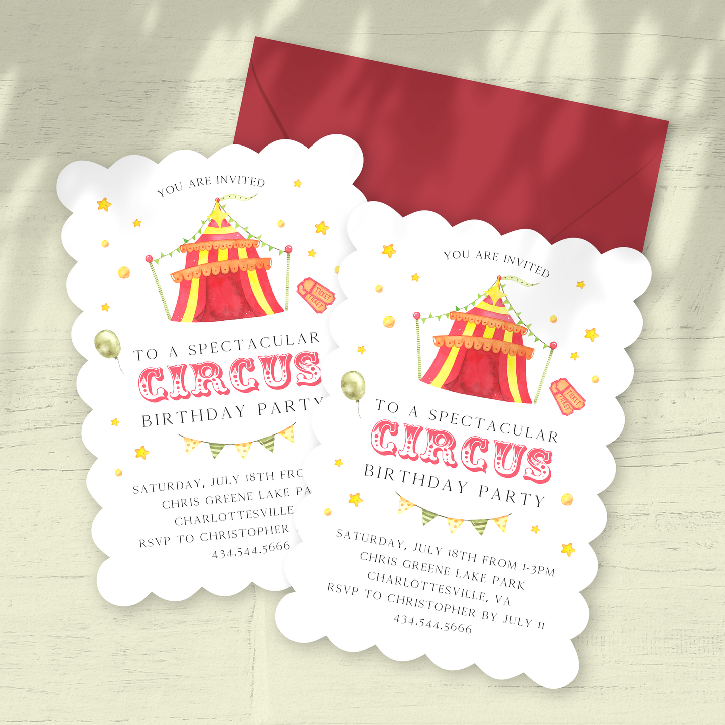 Circus Theme Birthday Party Invitation - Set of 12 PRINTED Invitations - Custom or Fill In The Blank