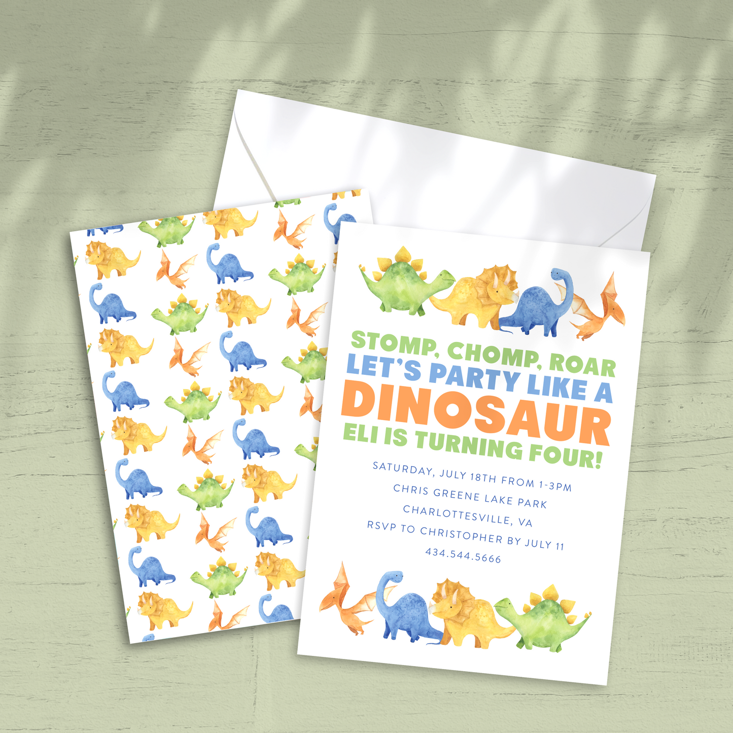 Stomp Roar Dinosaur Birthday Party Invitation - Custom OR Fill-in-the-Blank - Set of 12