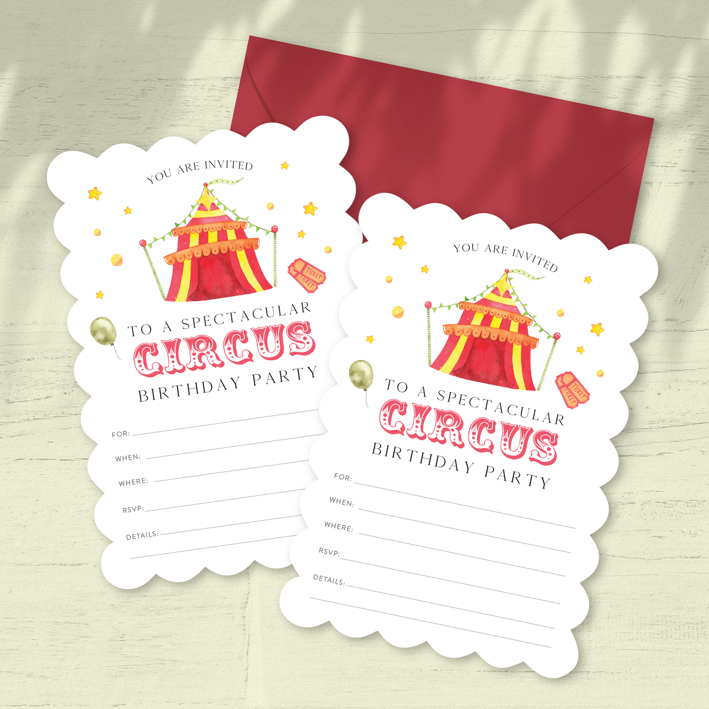 Circus Theme Birthday Party Invitation - Set of 12 PRINTED Invitations - Custom or Fill In The Blank