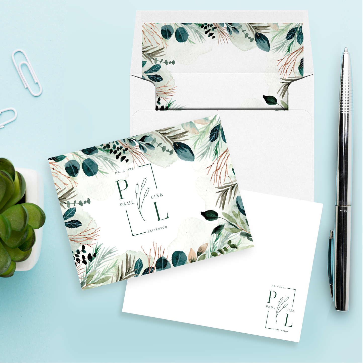 Greenery Initials Personalized Stationery Set of 12