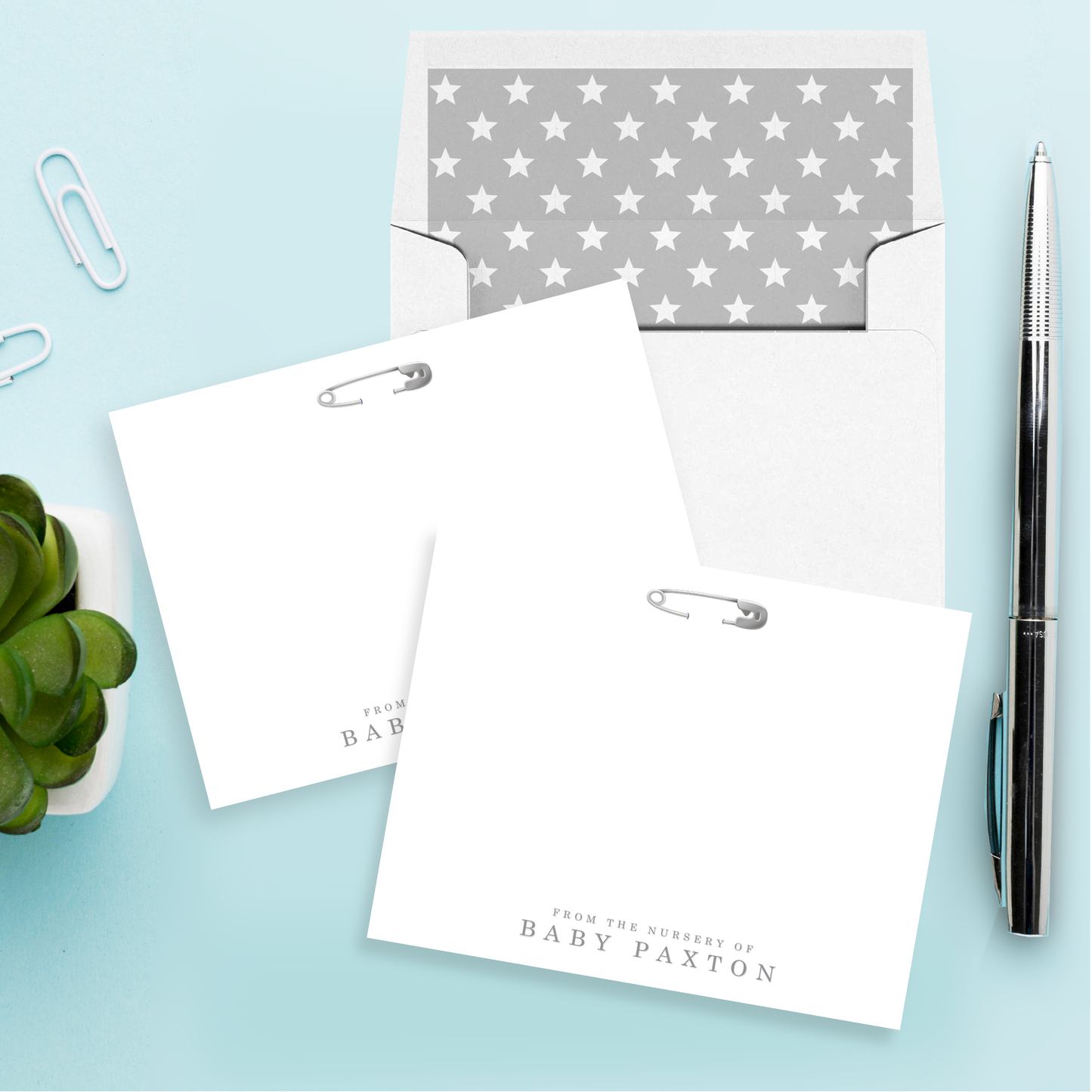 Simple Safety Pin Baby from the nursery of Personalized Stationery Set of 12