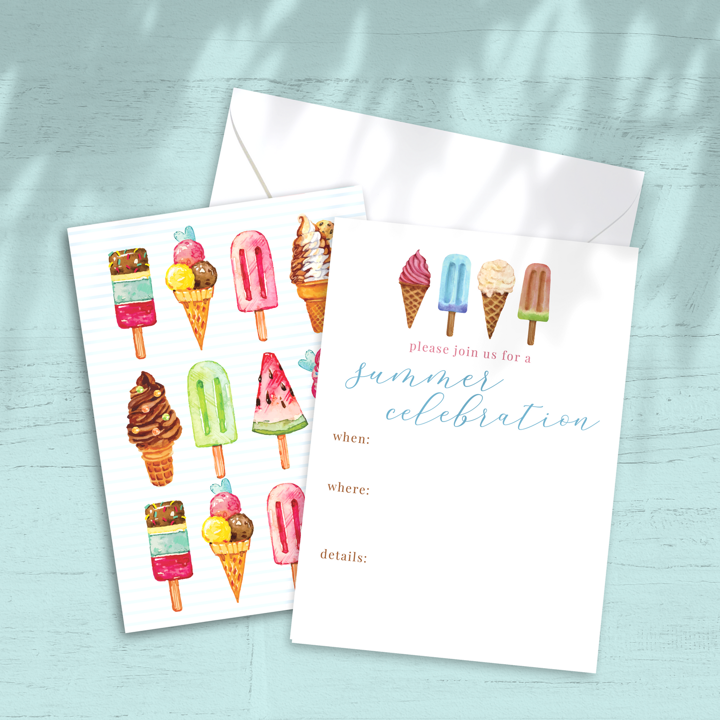 Ice Cream Summer Party Invitation - Custom OR Fill-in-the-Blank - Set of 12