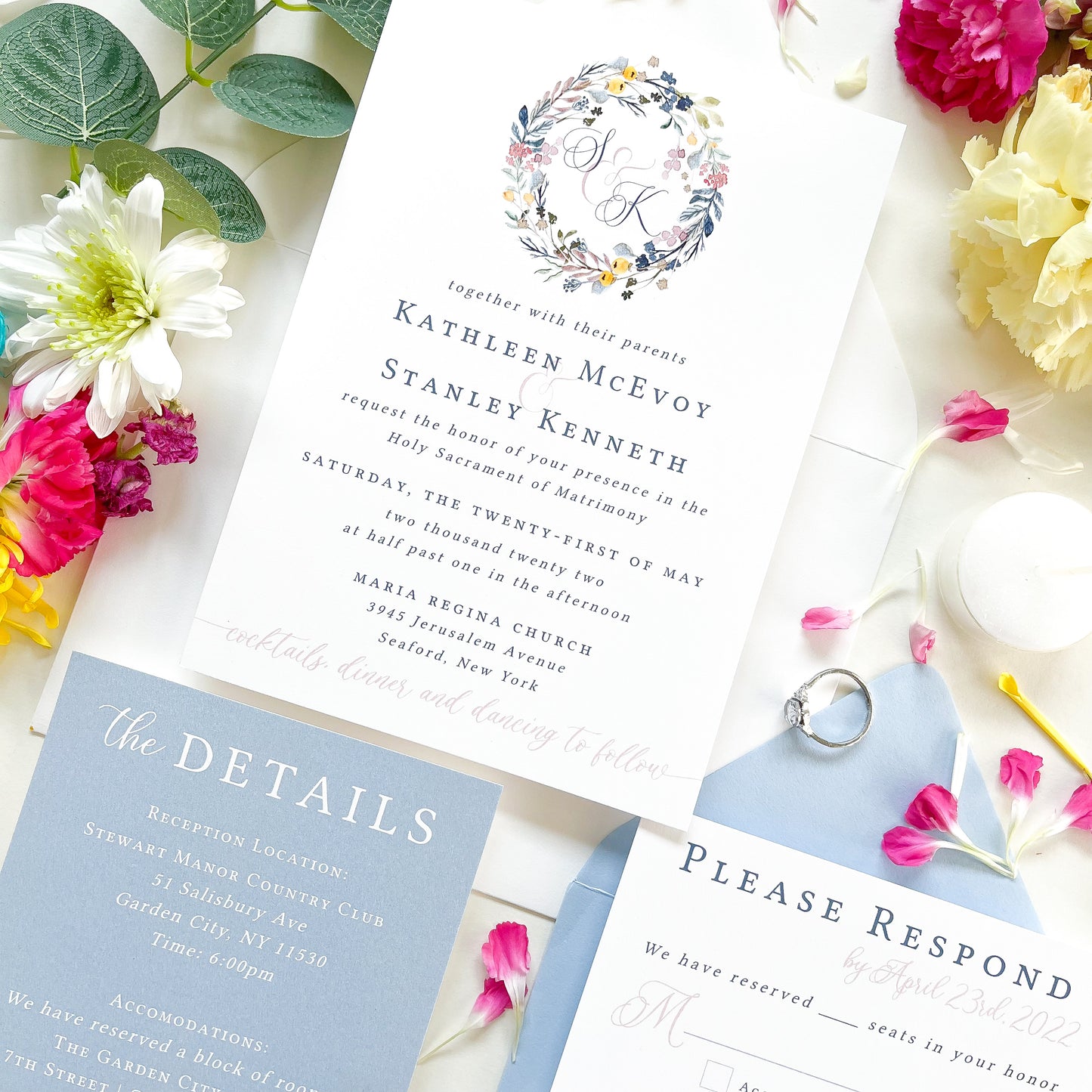 Spring Wildflower Monogram Wreath Wedding Invitation Suite