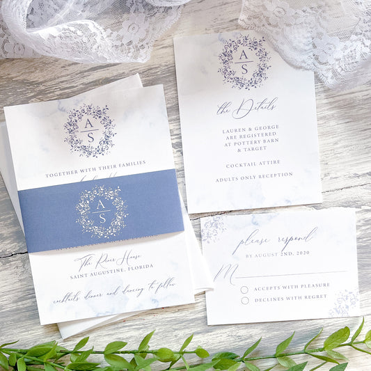 Dusty Blue Floral Monogram Wedding Invitation Suite