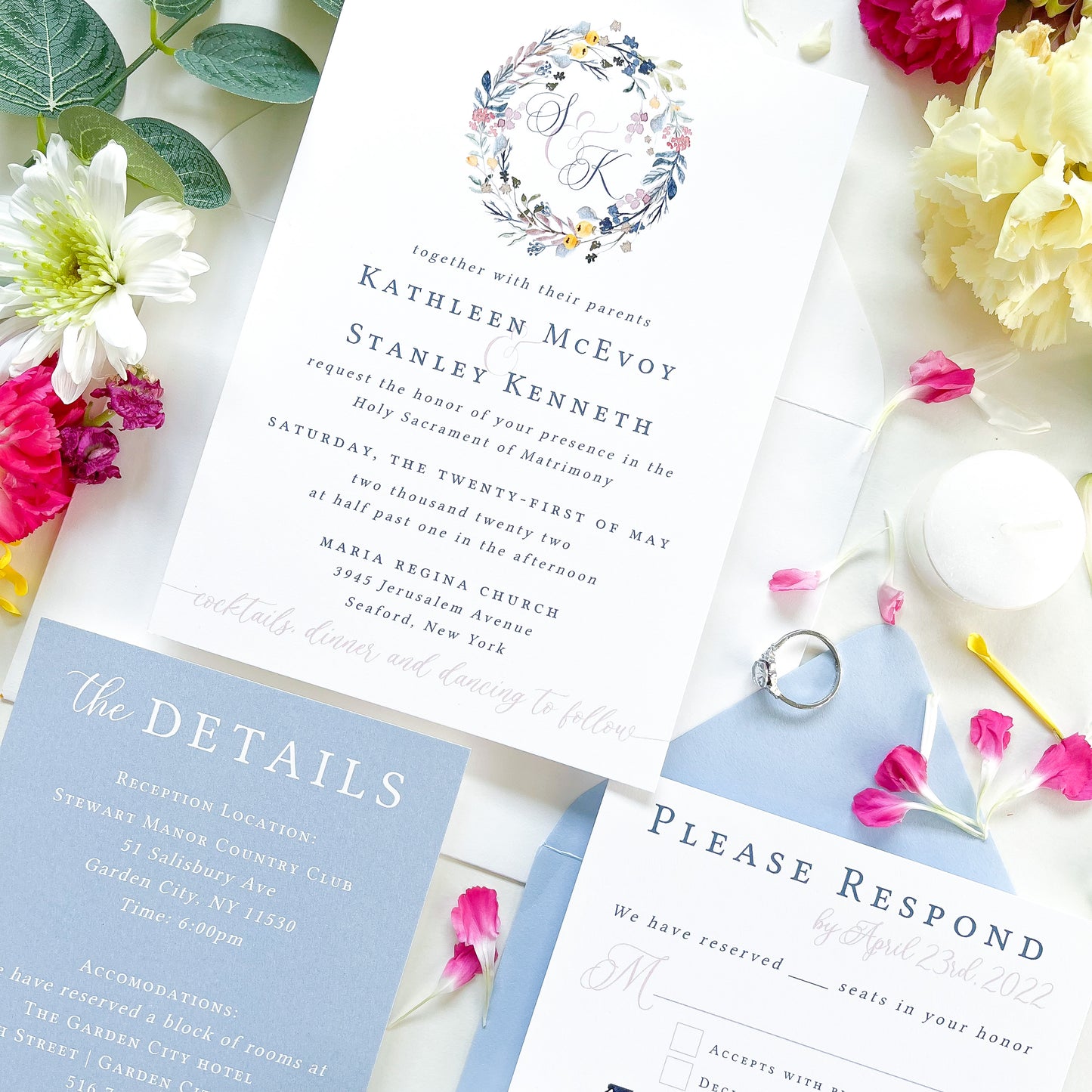 Spring Wildflower Monogram Wreath Wedding Invitation Suite