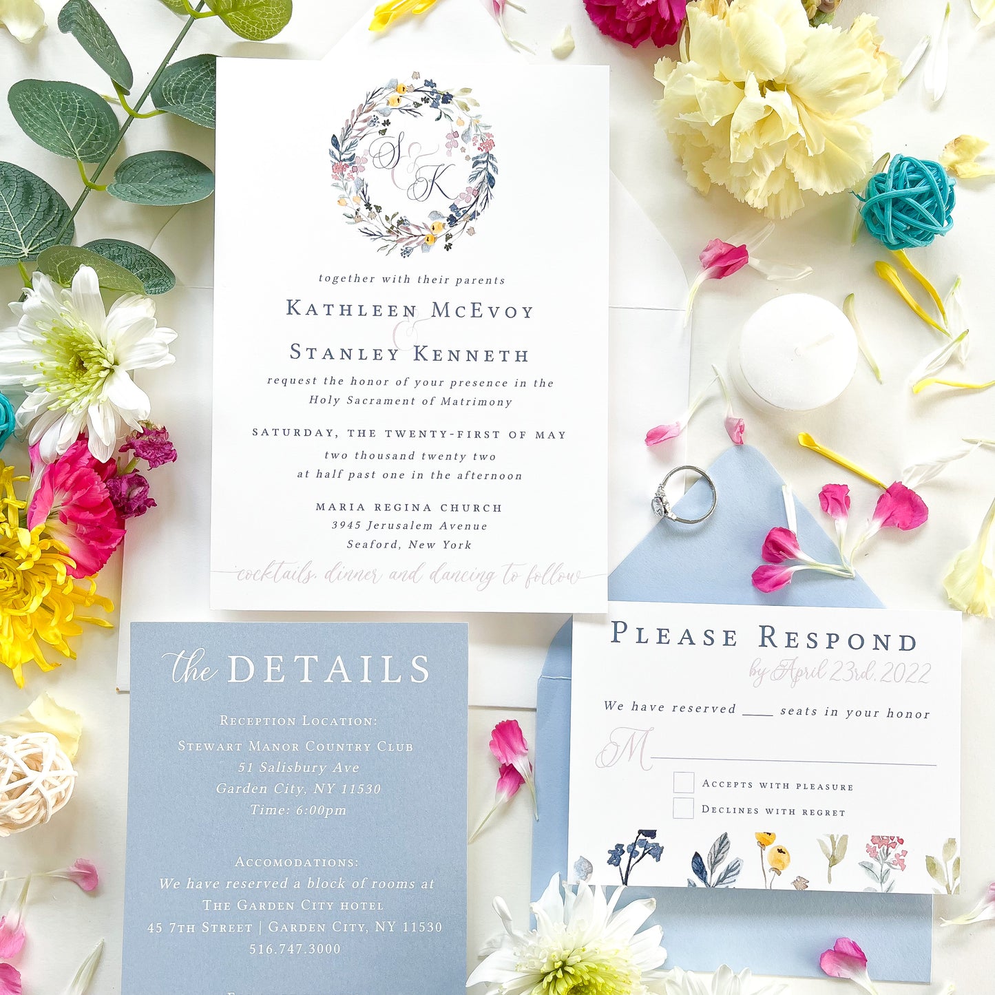 Spring Wildflower Monogram Wreath Wedding Invitation Suite