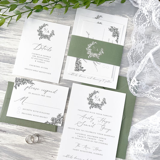 Mid Green Floral Monogram Wedding Invitation Suite