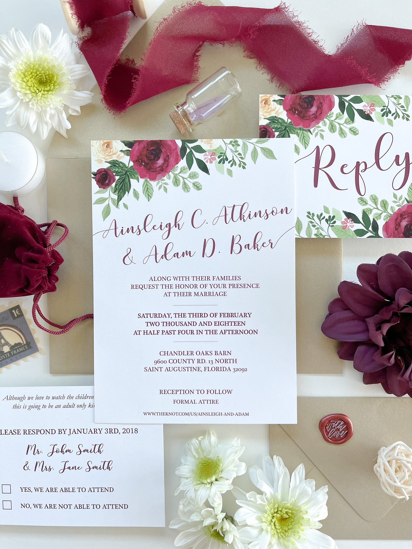 Floral, Gold + Burgundy Wedding Invitation Suite