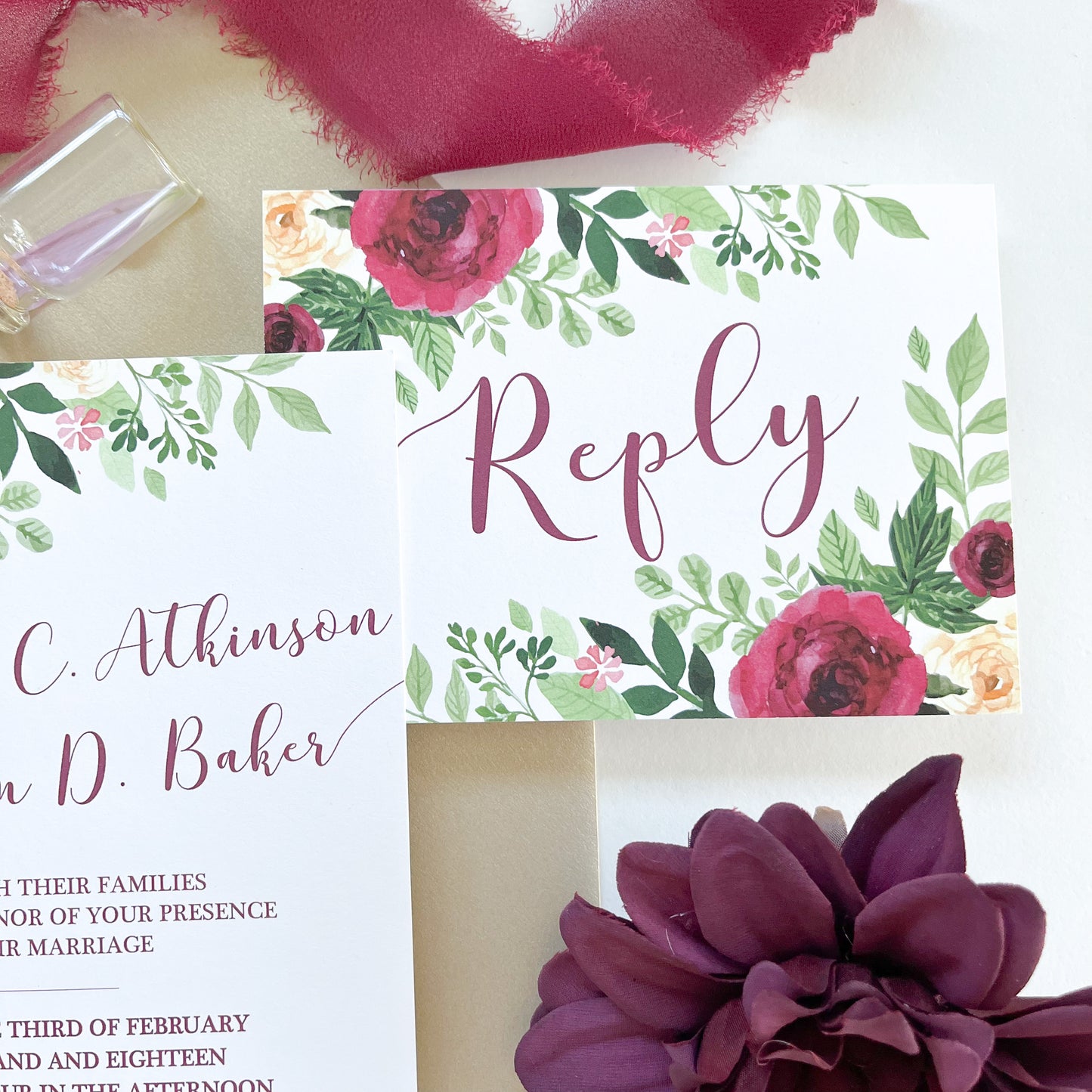 Floral, Gold + Burgundy Wedding Invitation Suite
