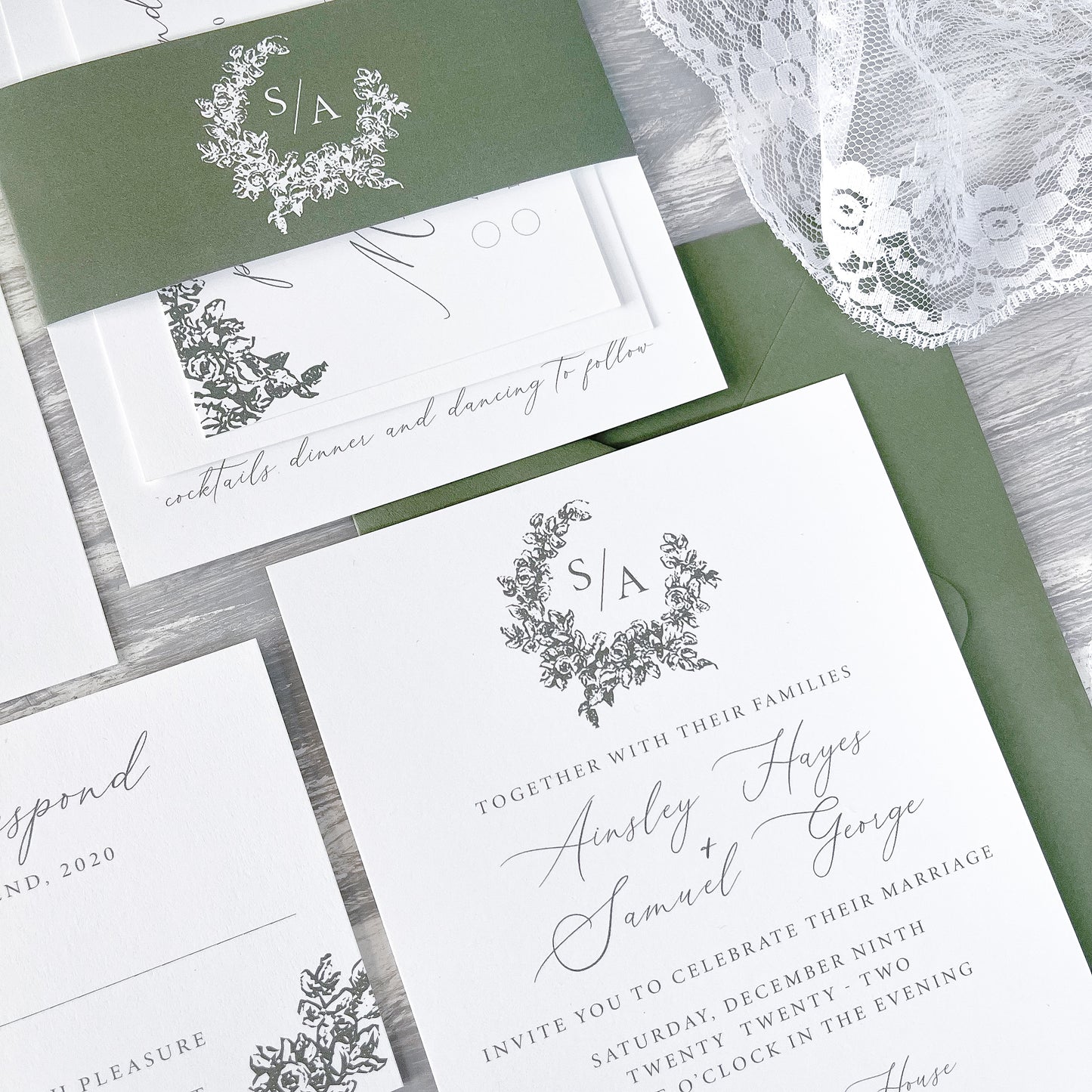Mid Green Floral Monogram Wedding Invitation Suite