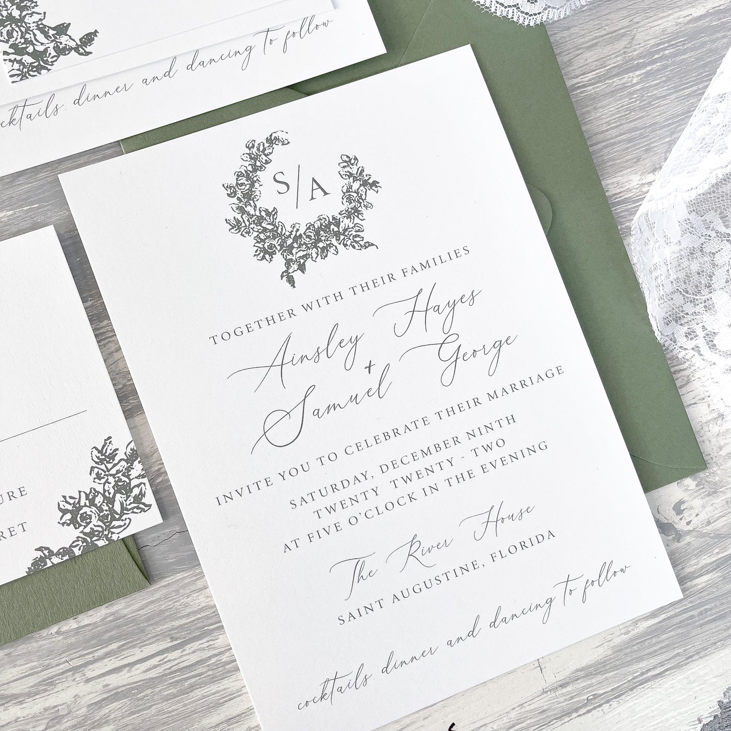 Mid Green Floral Monogram Wedding Invitation Suite