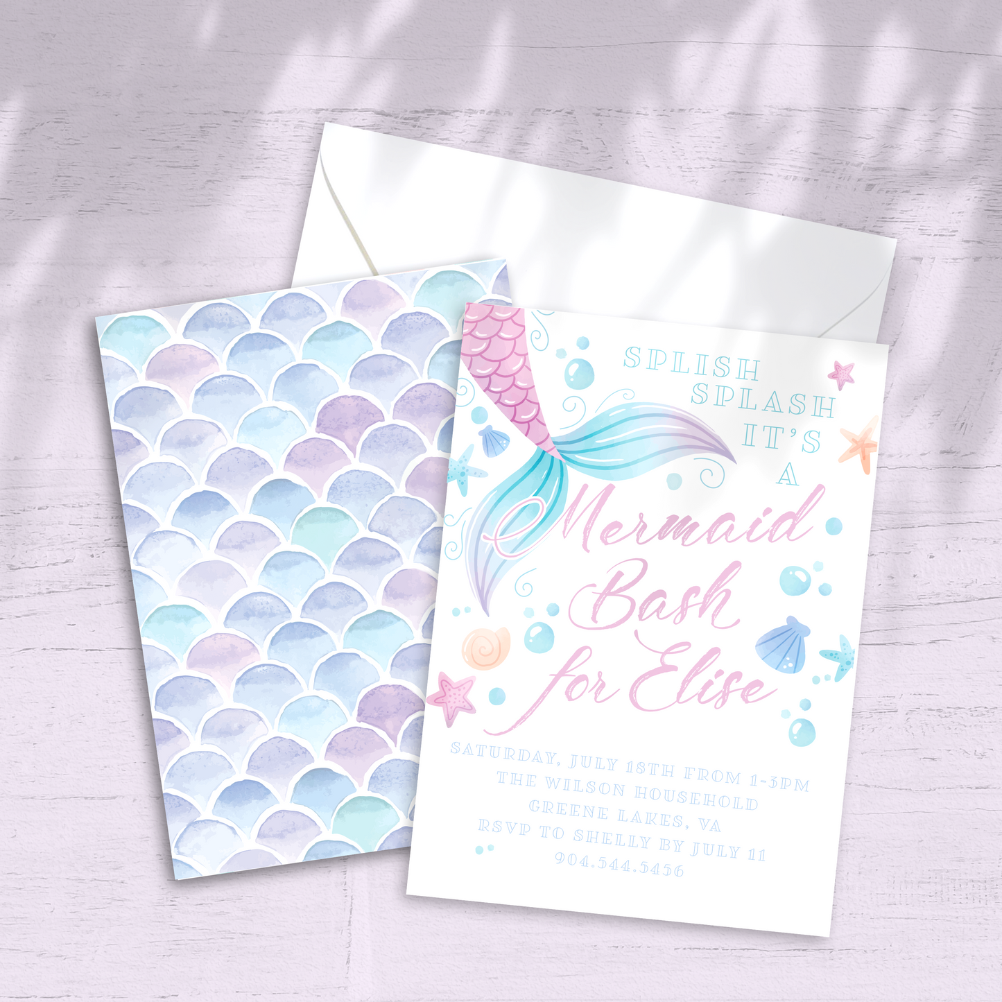 Mermaid Birthday Party Invitation - Custom OR Fill-in-the-Blank - Set of 12