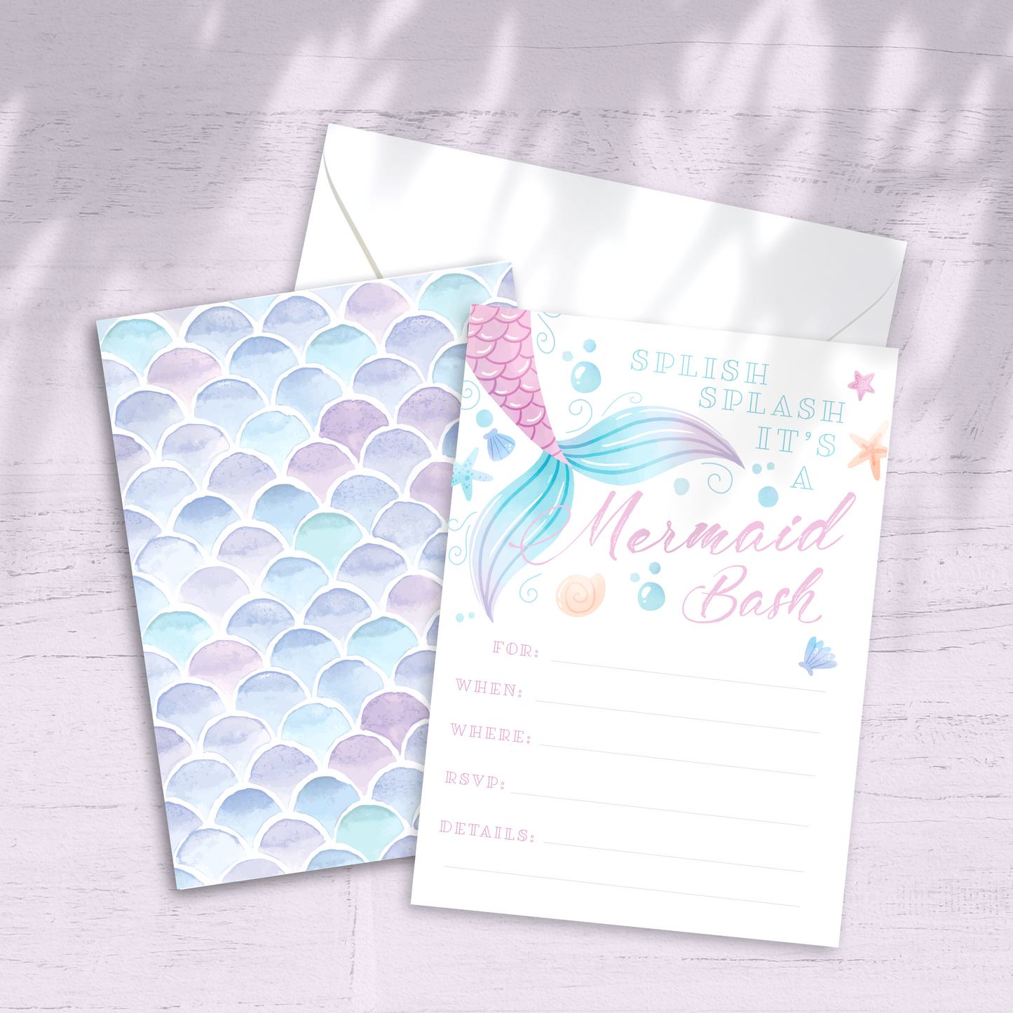 Mermaid Birthday Party Invitation - Custom OR Fill-in-the-Blank - Set of 12