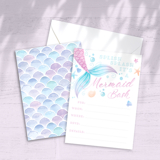 Mermaid Birthday Party Invitation - Custom OR Fill-in-the-Blank - Set of 12