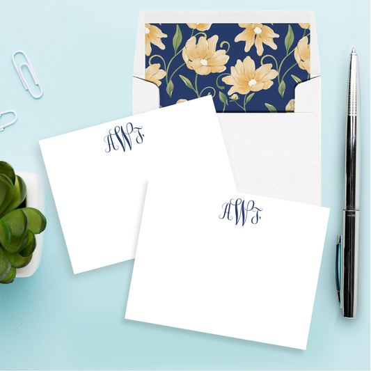 Navy Monogram & Feminine Floral Personalized Stationery Set of 12