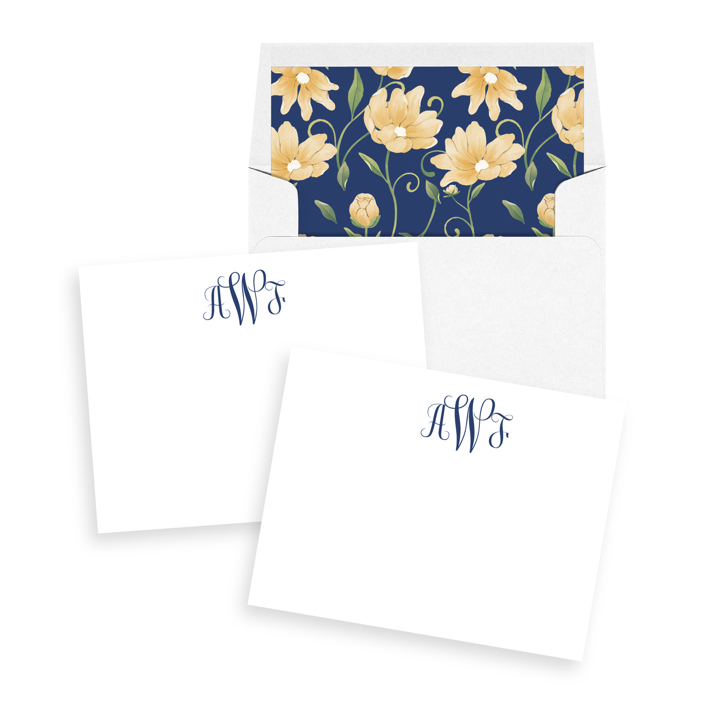 Navy Monogram & Feminine Floral Personalized Stationery Set of 12