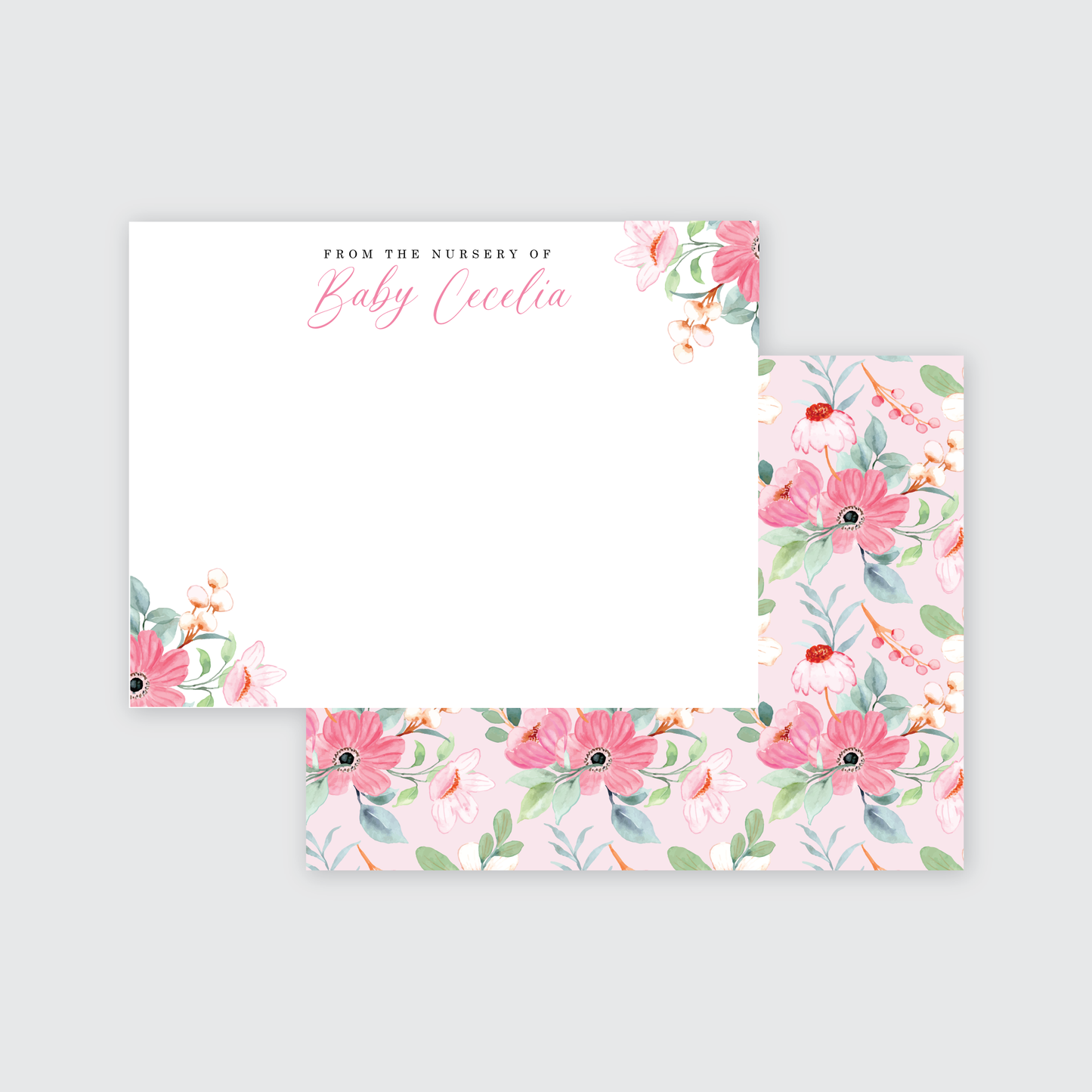 Pink Floral Nursery Personalized Stationery Set of 12