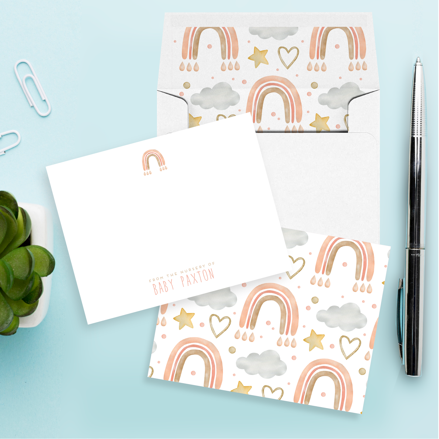 Rainbow Nursery Baby Shower Personalized Stationery Set of 12