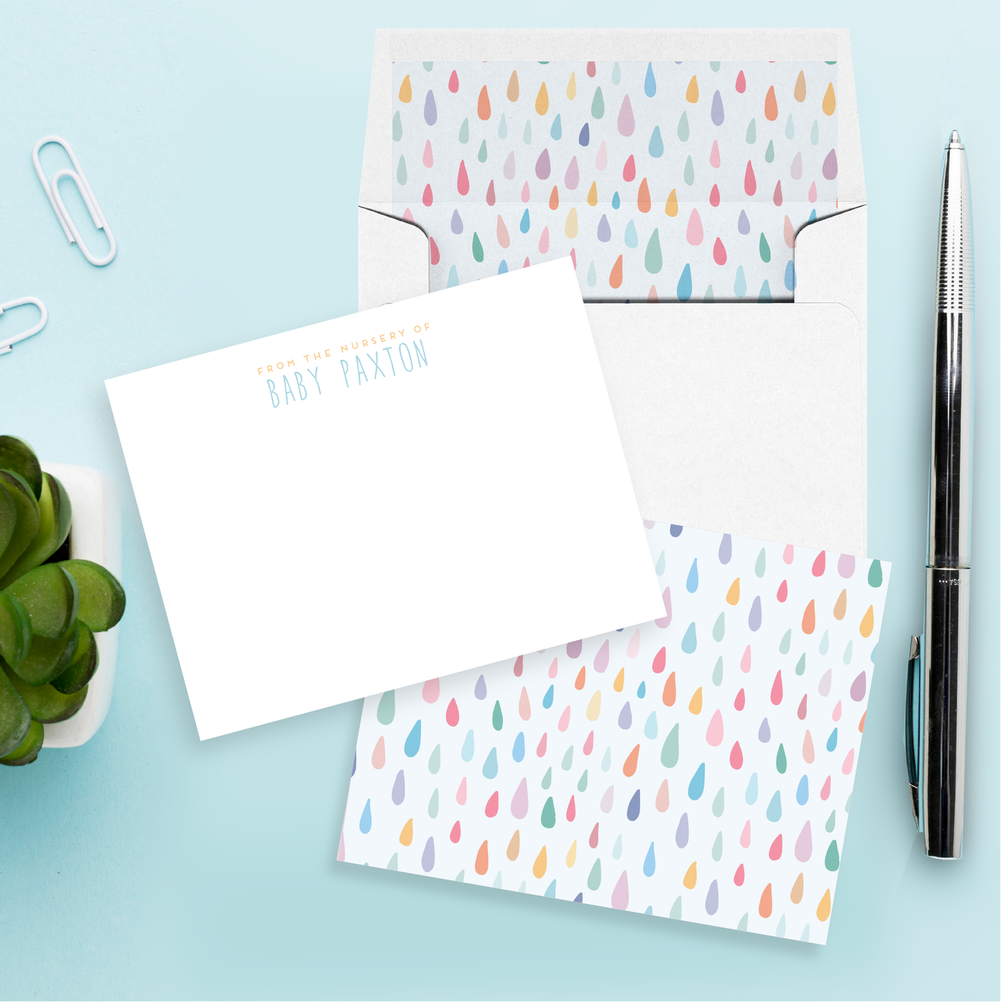 Rainbow Baby Shower Rain Nursery Personalized Stationery Set of 12