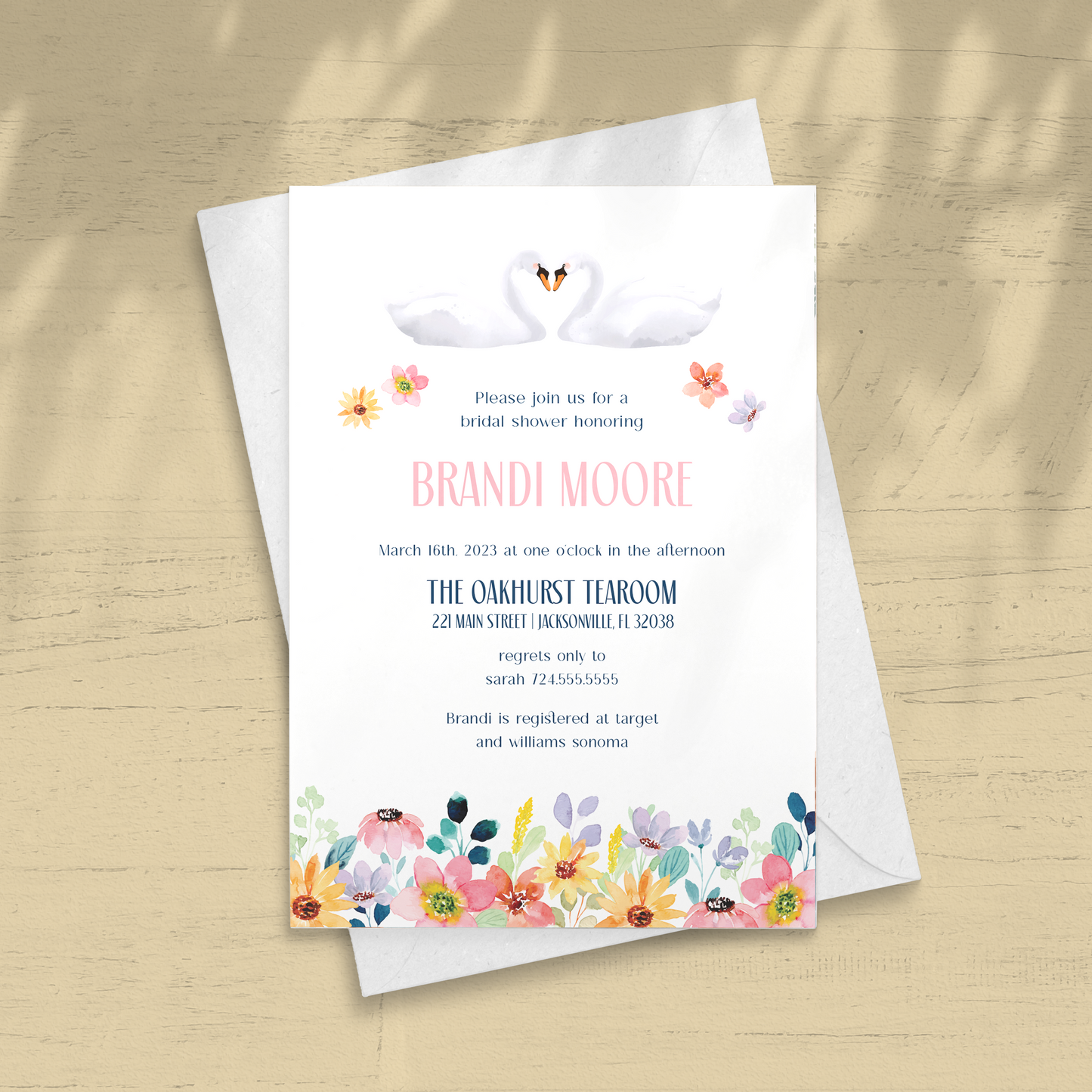 Swan Watercolor Floral Bridal Shower Invitation
